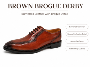 <b>Mens</b> Burnished Brown Brogue Derby Shoes Genuine Leather <b>Apron</b> Toe Lace-Up Rubber Sole Formal Dress Shoes - Product Image 1
