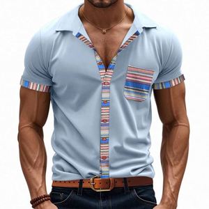 Camisa Blanca de Manga Corta a Rayas con Bolsillo para Hombre, Casual, Primavera Verano, Algodón, Cuello Camisero, Corte Regular - Product Image 2