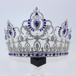 Tiara de cristal perlado brillante con corona completa, hueca, plateada y con diamantes de imitación para concurso de belleza, boda, graduación, accesorio nupcial para la cabeza. - Product Image 2