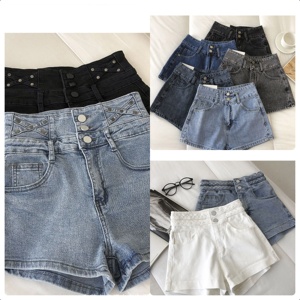 2025 Mùa Hè Thêu Túi Đinh Tán Bermuda Cao Eo Nguyên Liệu HEM Màu Xanh Denim Quần Short Phụ Nữ Co Giãn - Product Image 4