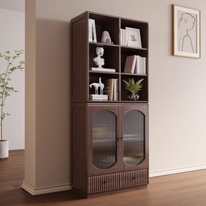 Solid Wood Bookcase Modern Minimalist Style With Glass Doors Storage Cabinet For Living Room Floor Standing - Product Image 1