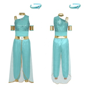 Traje de Danza del Vientre para Mujer, Pantalones Harem, Top con Lentejuelas Color Verde Azulado, Falda con Velo de Malla, Adornos Dorados, Ropa Oriental para Actuaciones en Escenario y Fiestas, Personalizado - Product Image 4