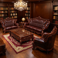 Ensemble de canapés en cuir véritable en bois massif sculpté à la main de style baroque européen de luxe, brun foncé, meubles de salon royaux