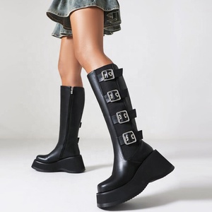 Metal Buckles Wedge <b>Heels</b> Women Winter Knee High Boots Thick Sole <b>Round</b> <b>Toe</b> Mid Calf Booties Zip Patent Platform Shoes - Product Image 2