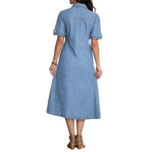YUANBOFEI Women's Denim Shirt Dress Button Jean Ankle-Length <strong>Short</strong> Sleeve Dark Light Wash Casual Straight Elastic Waist Summer - Product Image 5