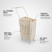Chariot à linge moderne à roulettes détachable avec 4 roulettes, poignée en bois, doublure en tissu, cadre métallique, panier à linge organisateur pour la maison et le dortoir