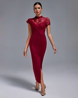 Robe de soirée mi-longue moulante Ocstrade Fashion pour femme, bordeaux, avec empiècements en dentelle, col montant, manches courtes, style bandage, élégante et décontractée