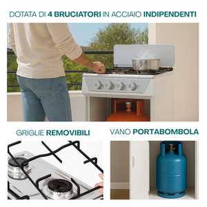 Cuisinière à gaz 4 brûleurs en acier avec compartiment pour bouteille, sans four, 48,5x45x65 cm, allumage inclus - Product Image 4