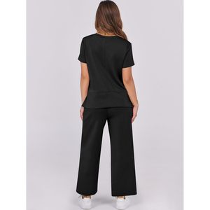 Ensemble de détente 2 pièces pour femme, manches courtes, pantalon large, tenue décontractée assortie, survêtement d'été respirant en maille - Product Image 3