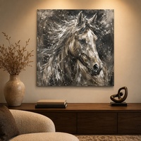 Peinture à l'huile peinte à la main 60x60cm, portrait abstrait de tête de cheval noir et blanc, art animal moderne pour la décoration de la maison