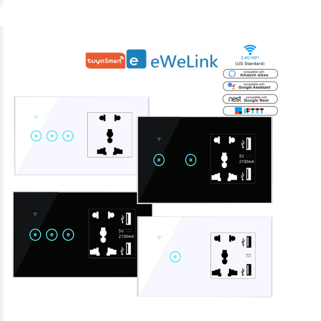 Tuya Smart Life WiFi Smart Touch Light Switch 3 Gang Voice Control Alexa Google Home US Standard WiFi Smart Power Wall Socket