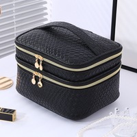 Bolsa de Cosméticos de Gran Capacidad de Cuero PU, Organizador de Maquillaje de Doble Capa con Asa y Cierre, Bolsa de Aseo para Viaje