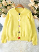 Automne hiver femmes élégant mode tricoté Cardigan couleur unie col rond décontracté coloré coeur bouton ouvert avant pull