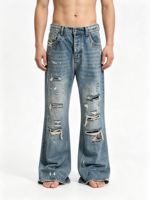 Jeans déchirés à jambe large et coupe bootcut, effet moustache vintage, éclaboussures de peinture, en denim, pour hommes, vente en gros de vêtements