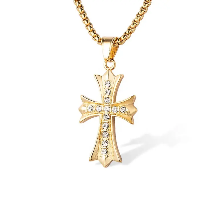 Wholesale Hand Polishing 18K Gold Plated Zircon Inlay Stainless Steel Cross Pendant Necklace