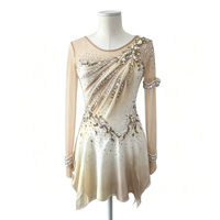 Robe de patinage artistique dégradé ivoire champagne avec broderie de strass et dos en maille pour adultes et enfants