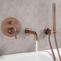 Ensemble de robinetterie de baignoire murale dissimulée en cuivre brossé or rose, avec douchette à effet pluie, mitigeur chaud/froid à valve céramique, moderne