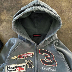 맞춤형 스티치 아플리케 디스트레스드 자수 스톤 워싱 DTG 프린트 오버사이즈 더블 후드 집업 후디 - Product Image 2