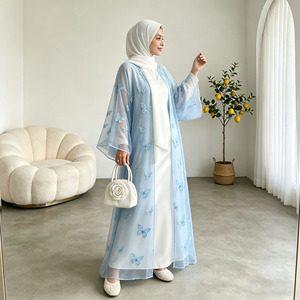 Sky Blue Butterfly Abaya <b>Set</b> For Women Sheer Organza Tulle Open Abaya With Dress Elegant <b>Modest</b> Muslim Outfit - Product Image 6
