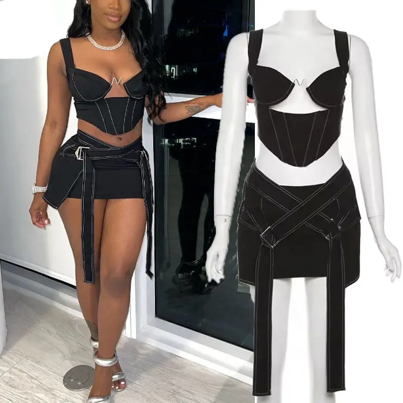 Bodycon preto sexy para mulheres, conjunto de saia de duas peças, mini saia de manga oca, ideal para mulheres, primavera 2024