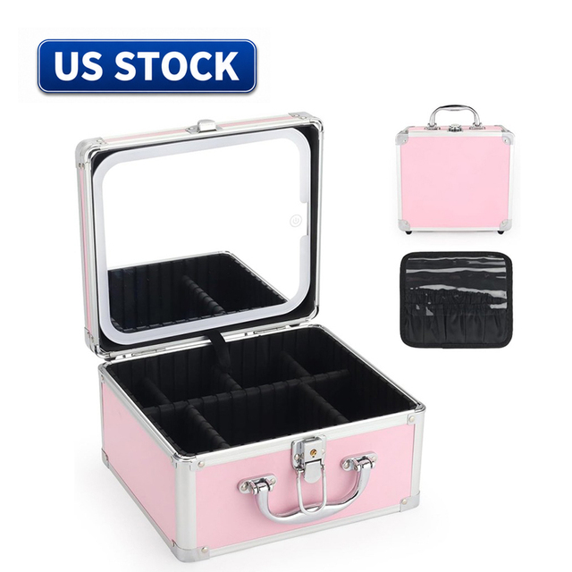 US Stock Multi-compartments Personalized Makeup Vanity Case with Detachable Brush BagLed Mirror Desktop Makeup Beauty Case