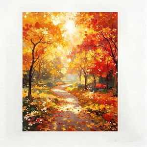 Impression sur panneau Paysage forestier d'automne, Art mural rectangulaire beige sans cadre fait main, Design minimaliste, Taille moyenne - Product Image 1
