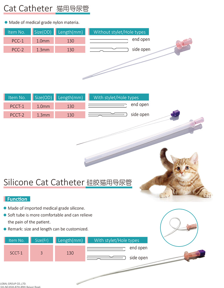 Dispositivo Médico Animal 1.3Mm* 1.3Mm Catéter de Orina Desechable para Mascotas de Silicona Catéter para Gatos Con/Sin Estilete