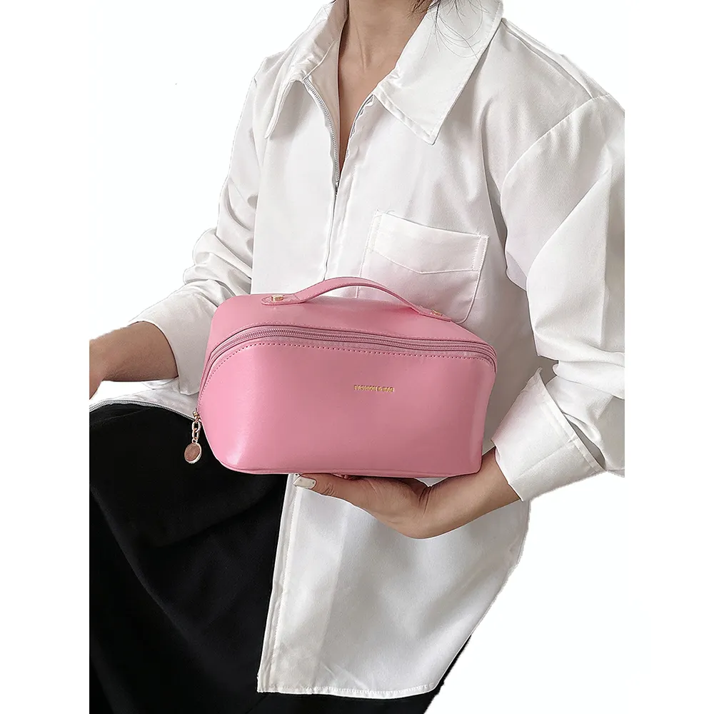 Vrouwelijke Roze Open Platte Ontwerper Beauty Borstels Cosmetische Organizer Custom Vrouwen Draagbare Reizen Lederen Make-Up Tas Met Logo