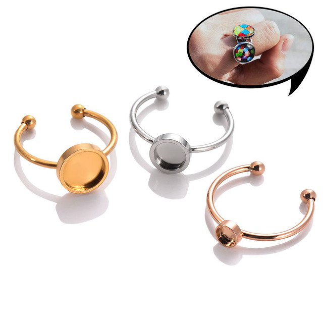 Stainless Steel Ring Bezels Glass Cabochons Cameo Settings Tray Fit Adjustable Blank Ring Base for Diy Ring Jewelry Making