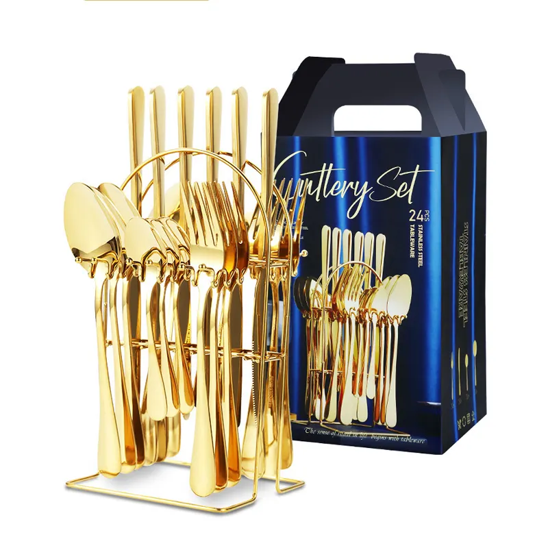 Ensemble de couverts de luxe Royal Gold Silverware 24pcs Couverts de restaurant Couverts de mariage en acier inoxydable avec boîte