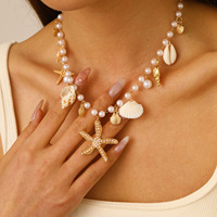 Collier et bracelet bohèmes d'été pour femme, avec pendentifs coquillages, étoiles de mer et conques en alliage, perles d'imitation, style niche, pour la plage et le bord de mer