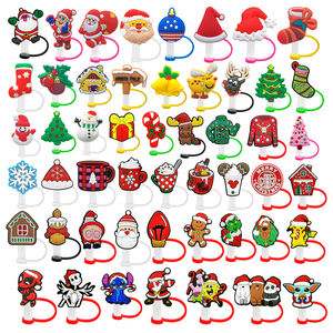 Noël silicone paille couverture topper personnalisé arbre pain d'épice <span class=keywords><strong>homme</strong></span> dessin animé paille topper charmes pour tumbers pvc ensemble attachement - Product Image 1