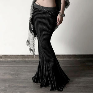 Falda larga retro de punto con costuras en contraste, estilo gótico oscuro, corte sirena, cintura alta y ajuste ceñido para mujer - Product Image 1