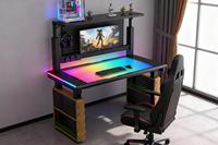 Bureau de jeu électrique à 4 moteurs, bureau ergonomique réglable en hauteur, design extensible, rangement, éclairage LED personnalisé pour le jeu