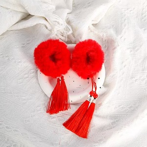 <b>Red</b> Woolen Terry Cloth Hair Tie With Tassel For Children New Year Occasion - Product Image 3