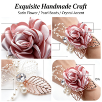 Boutonniere Buatan Tangan dengan Mutiara, Daun Logam, dan Manik-manik Satin Burgundy untuk Pengantin Pria, Pendamping Pengantin, Dekorasi Pernikahan, dan Pesta Prom