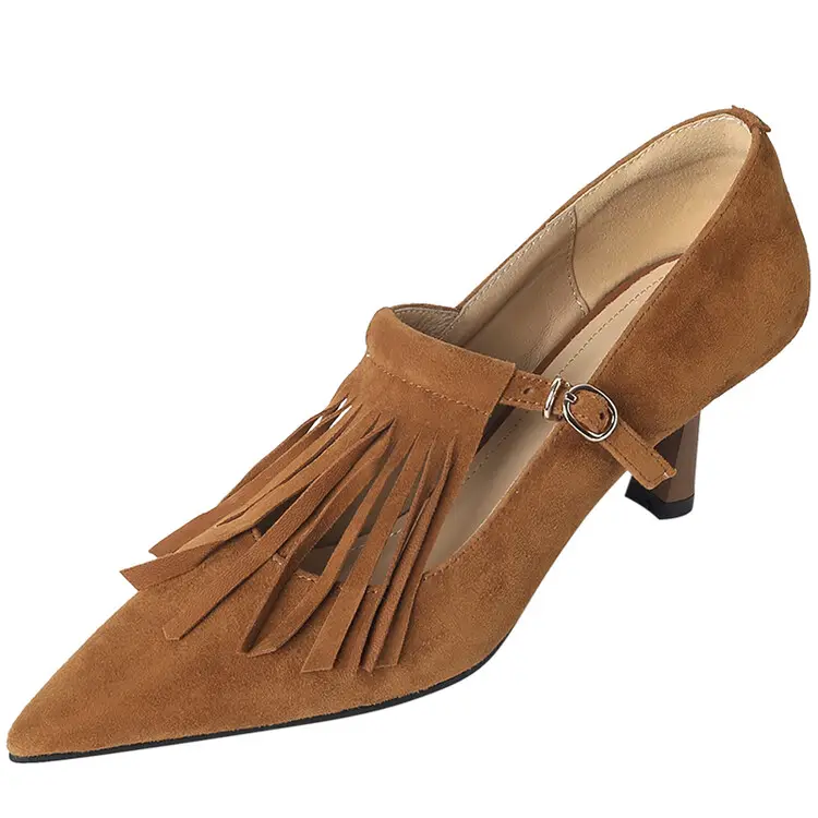 Cialisa Newest Design Pointed Toe Fringe Kid Suede Elegant Buckle Strap Fashion Thin High Heel Pumps For Women Dress Party Shoes