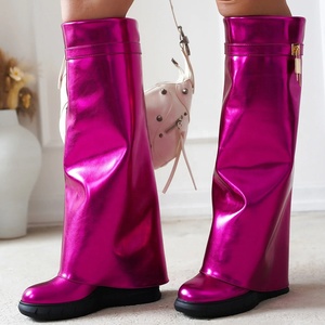 Big Size 48 Women Round Toe Overlay Wedge Heels Shoes Bright Metallic Lock Shark Booties Cowgirls Thick Soles Knee High <b>Boots</b> - Product Image 1