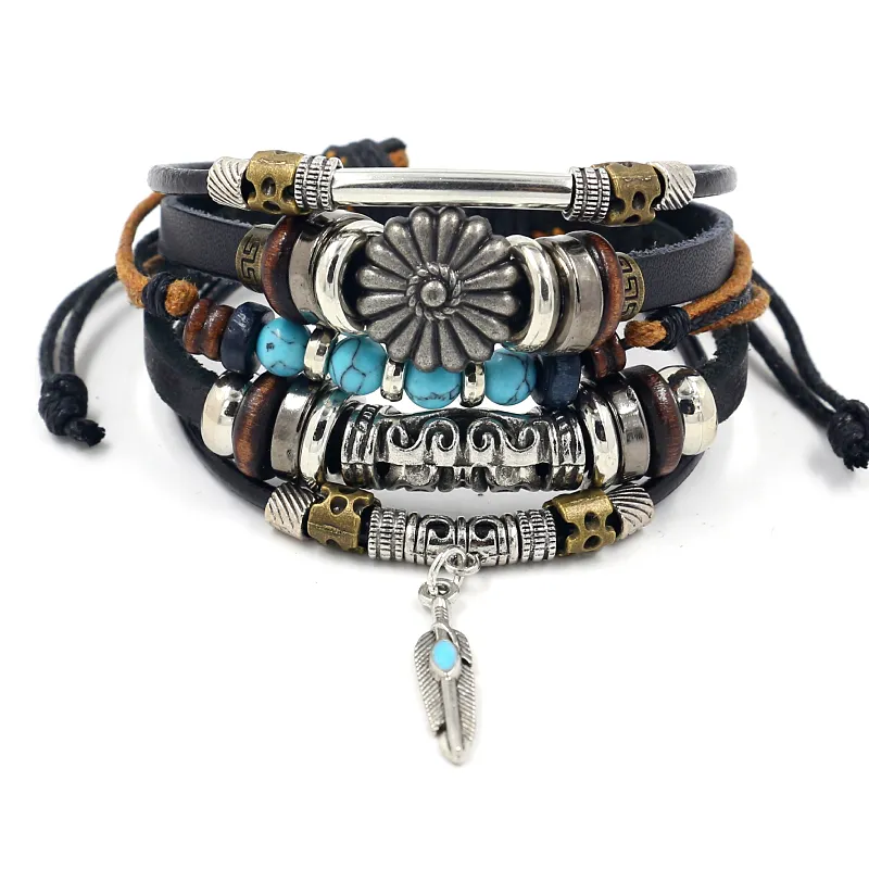 Personalized Jewelry Adjustable Multilayer Leather Vintage Beaded Turquoise Woven Charm Bracelets for Men Women