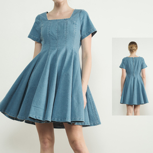 Summer Korean <strong>Wholesale</strong> Boutique Soft Washed Fabric High Waist <strong>Central</strong> Back Zipper Square Neck Denim Bottom Ruffle Dresses - Product Image 1