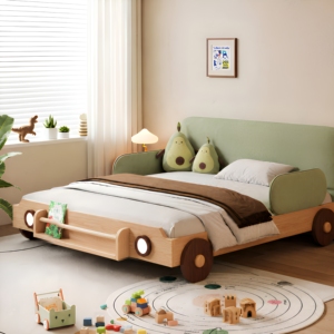 Cama Infantil con Forma de Auto de Carreras, Barandas Desmontables, Listones de Madera Maciza, Cabecera Tapizada Suave, Cama Infantil de Seguridad Personalizada - Product Image 1
