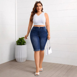 European and American plus high <b>waisted</b> <b>elastic</b> denim flared cropped pants for comfortable summer - Product Image 2