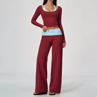 Ensemble de yoga Lcool Color Block effet deux pièces pour femme, haut à manches longues et pantalon large taille haute, respirant, pour la gym et l'entraînement sportif