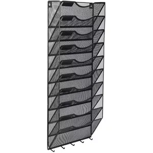 Easypag Mesh Metalen 10 Pocket Muur Bestand Houder Organizer Opknoping Tijdschriftenrek Met 5 Sleutelhouder Haken, Zwart