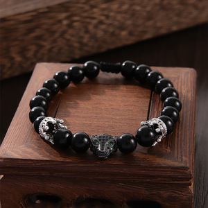 European Style Leopard Head Crown Black <b>Beaded</b> <b>Bracelet</b> For Men Copper Alloy Jewelry Engagement Gift - Product Image 4