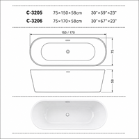 Bañera Ovalada Personalizada, Bañera de Acrílico Blanca Independiente con Desagüe Central para Adultos, 150 cm, 170 cm