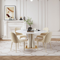 Mesa de Comedor Moderna Giratoria con Base de Piedra Blanca en Forma de Pétalo y Detalles Dorados, para 4-6 Personas, Ecológica, Resistente, Ideal para Escuelas y Restaurantes