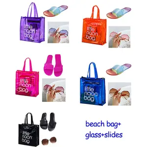 Hot Sale Custom Print Clear Handbag Slippers Sunglasses Three Piece Set Lady Shoes And Matching Bag Set Beach Slippers