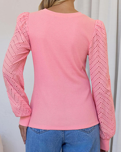 New Autumn and Winter Women's Long Sleeve Blouse Ribbed Knit <strong>Top</strong> Eyelet Puff Sleeve Crew Neck Shirt Solid Color Casual Fashion - Product Image 2