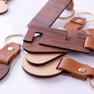Hight Quality <b>Lettering</b> Irregular <b>Wooden</b> Key Chain Eco-friendly Personalized Shape With Leather - Product Image 6